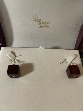 Vintage Faux Amber Cube Bakelite Hook Earrings - Positive Simichrome Test